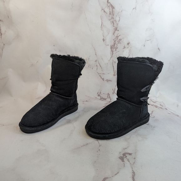 Bearpaw Boot Women US 6 EU 37 Black Shearling Fur Sheepskin Toggle Calf - Picture 1 of 12